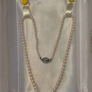 Pearl Double Strand Necklace with Silver Accent - White Pearls